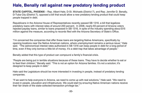 Hale, Benally rail against new predatory lending product
