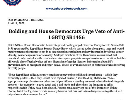 PRESS RELEASE: Bolding and House Democrats Urge Veto of Anti-LGBTQ SB1456
