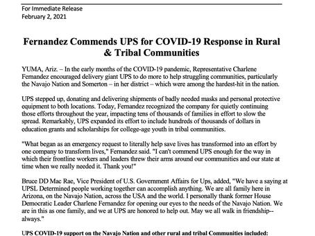 PRESS RELEASE: Fernandez Commends UPS for COVID-19 Response in Rural & Tribal Communities