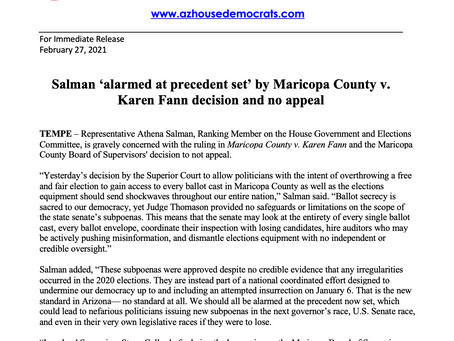PRESS RELEASE: Salman ‘alarmed at precedent set’ by Maricopa County v. Fann decision and no appeal