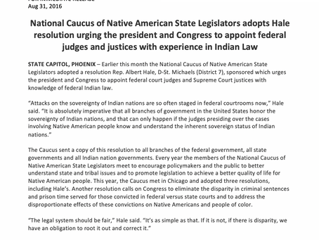 National Caucus of Native American State Legislators adopts Hale resolution