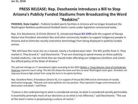 Rep. Descheenie Introduces a Bill to Stop Arizona's Publicly Funding Stadiums from saying "Redskins"