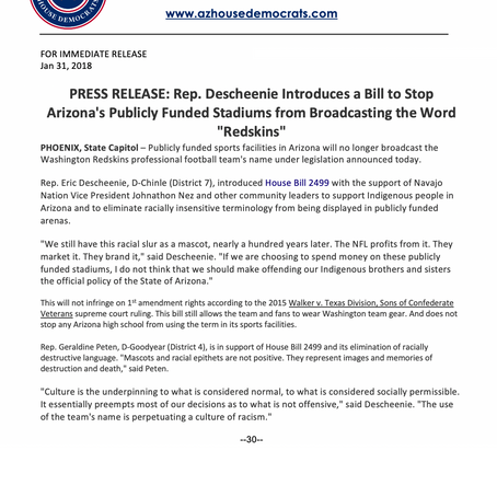 Rep. Descheenie Introduces a Bill to Stop Arizona's Publicly Funding Stadiums from saying "Redskins"
