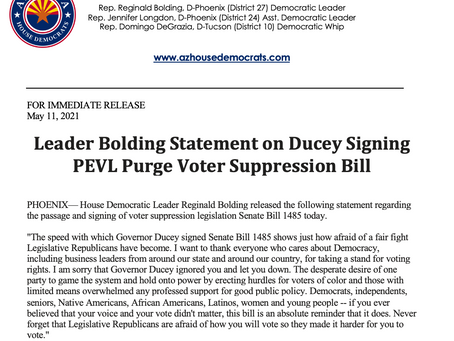 PRESS RELEASE: Leader Bolding Statement on Ducey Signing PEVL Purge Voter Suppression Bill