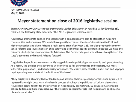 Meyer statement on close of 2016 legislative session