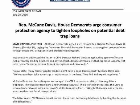 McCune Davis, House Democrats urge consumer protection agency to tighten loopholes