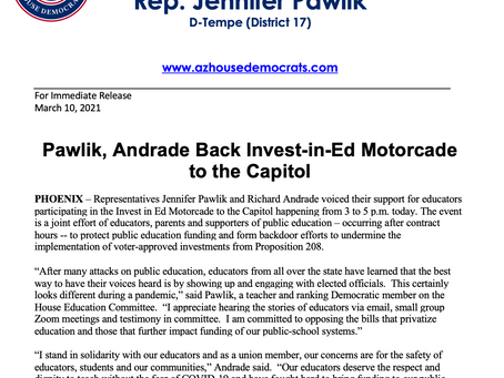 PRESS RELEASE: Pawlik, Andrade Back Invest-in-Ed Motorcade to the Capitol