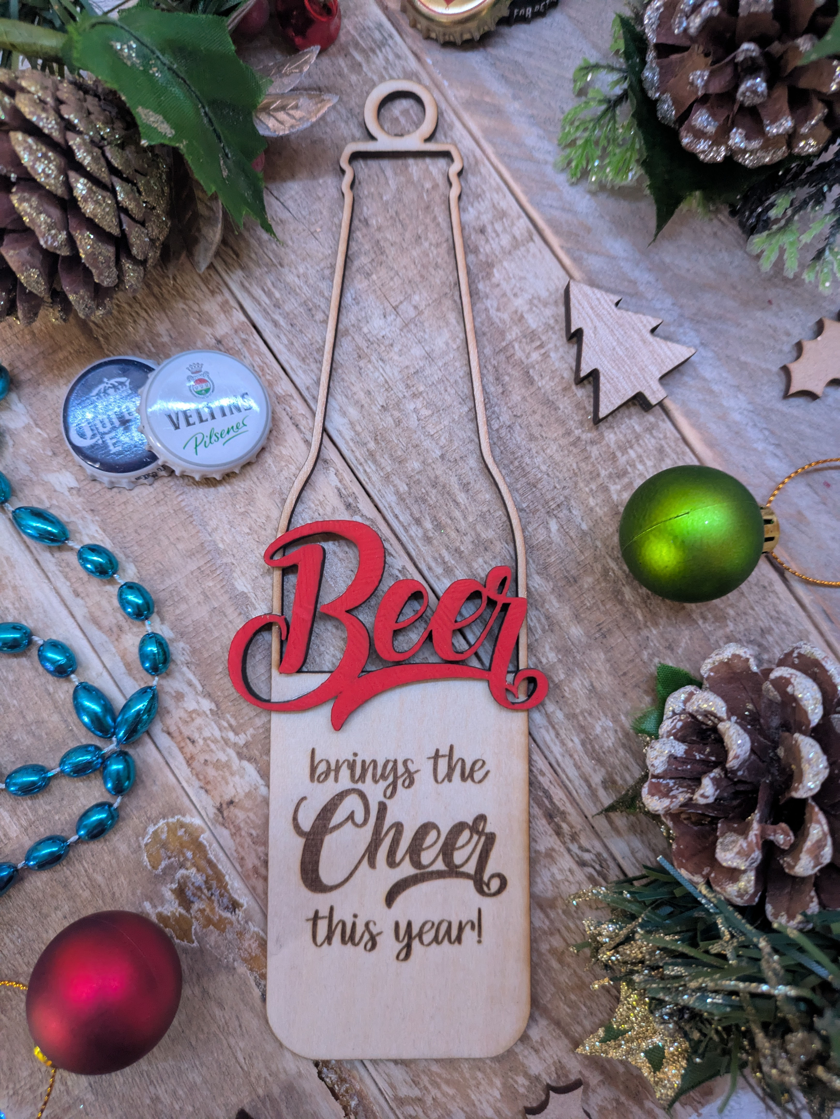 Laser Cut Wooden Beer Bottle Decoration - Hanging Beer Bottle Bauble