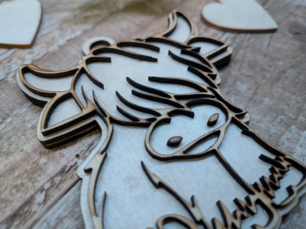 Thumbnail: Laser Cut Wooden Highland Cow Decoration: 3D Tree Ornament - Highland Cow Gift
