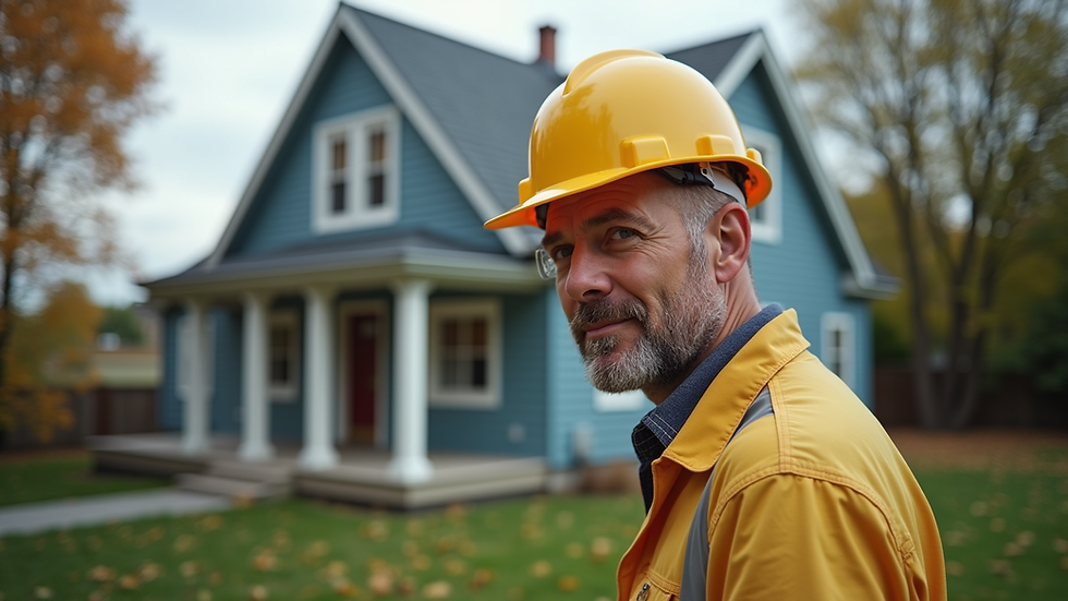 Eye-level view of a home inspector examining a house exterior