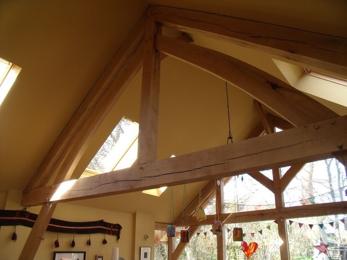 Oak timber frame trusses with glazed gable