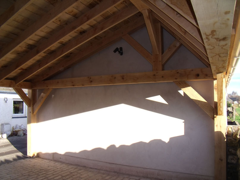 Oak timber frame of carport and garage in Scotland