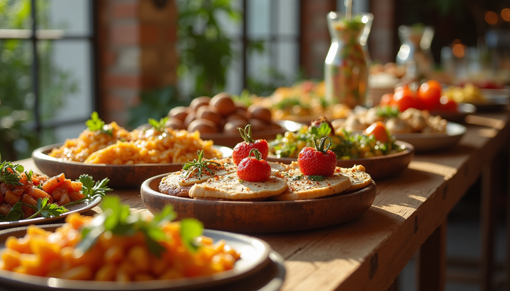 Eye-level view of a colorful wedding food station with various toppings and dishes arranged neatly