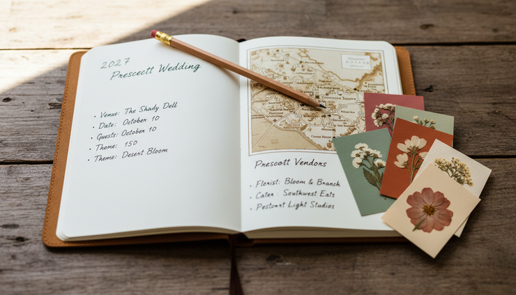 Close-up view of a wedding planning notebook with floral swatches and a Prescott map.