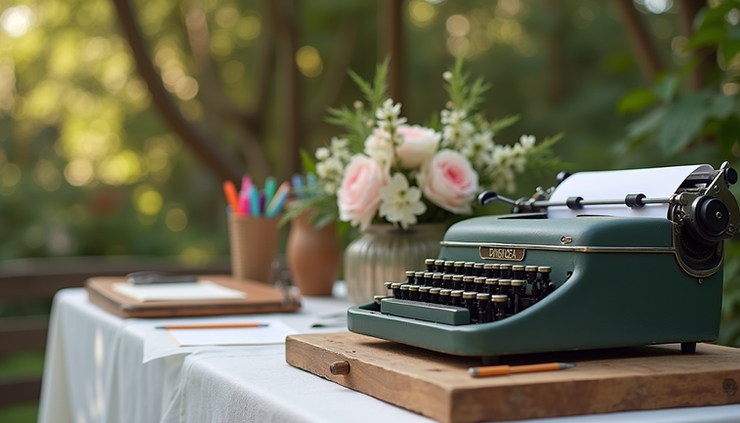 Eye-level view of a rustic wooden guest book table with colorful pens and a vintage typewriter