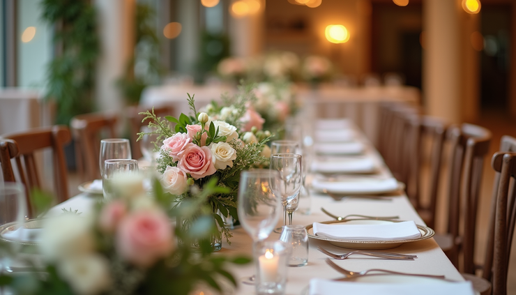 Eye-level view of a wedding reception setup with floral arrangements and table settings