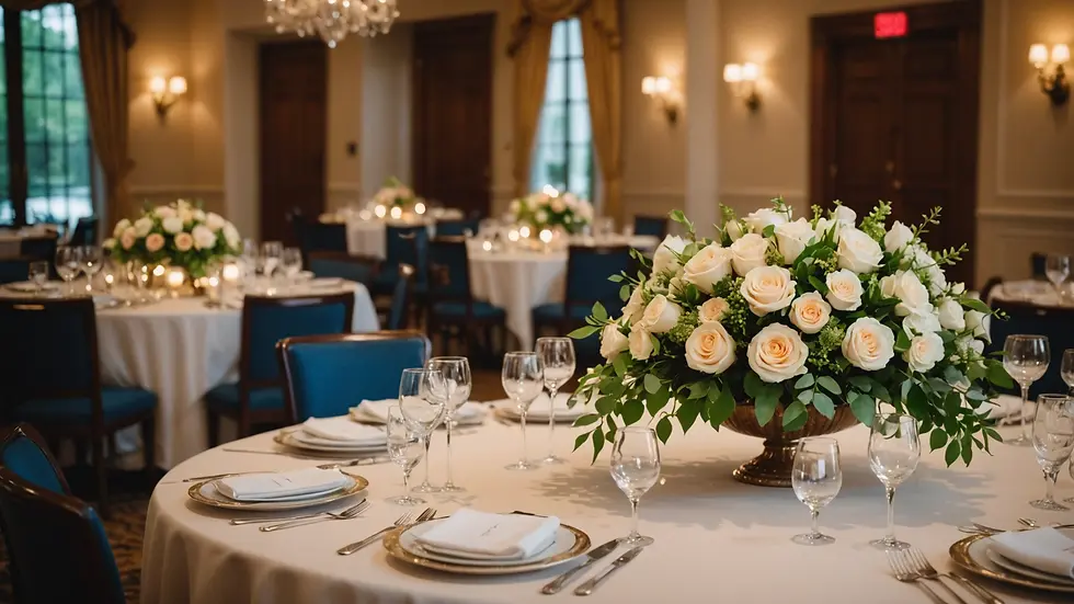 Eye-level view of a beautifully set reception table featuring personalized decor and floral arrangements