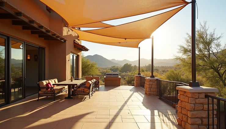 Eye-level view of a sunlit patio with shade sails overlooking Prescott’s natural landscape