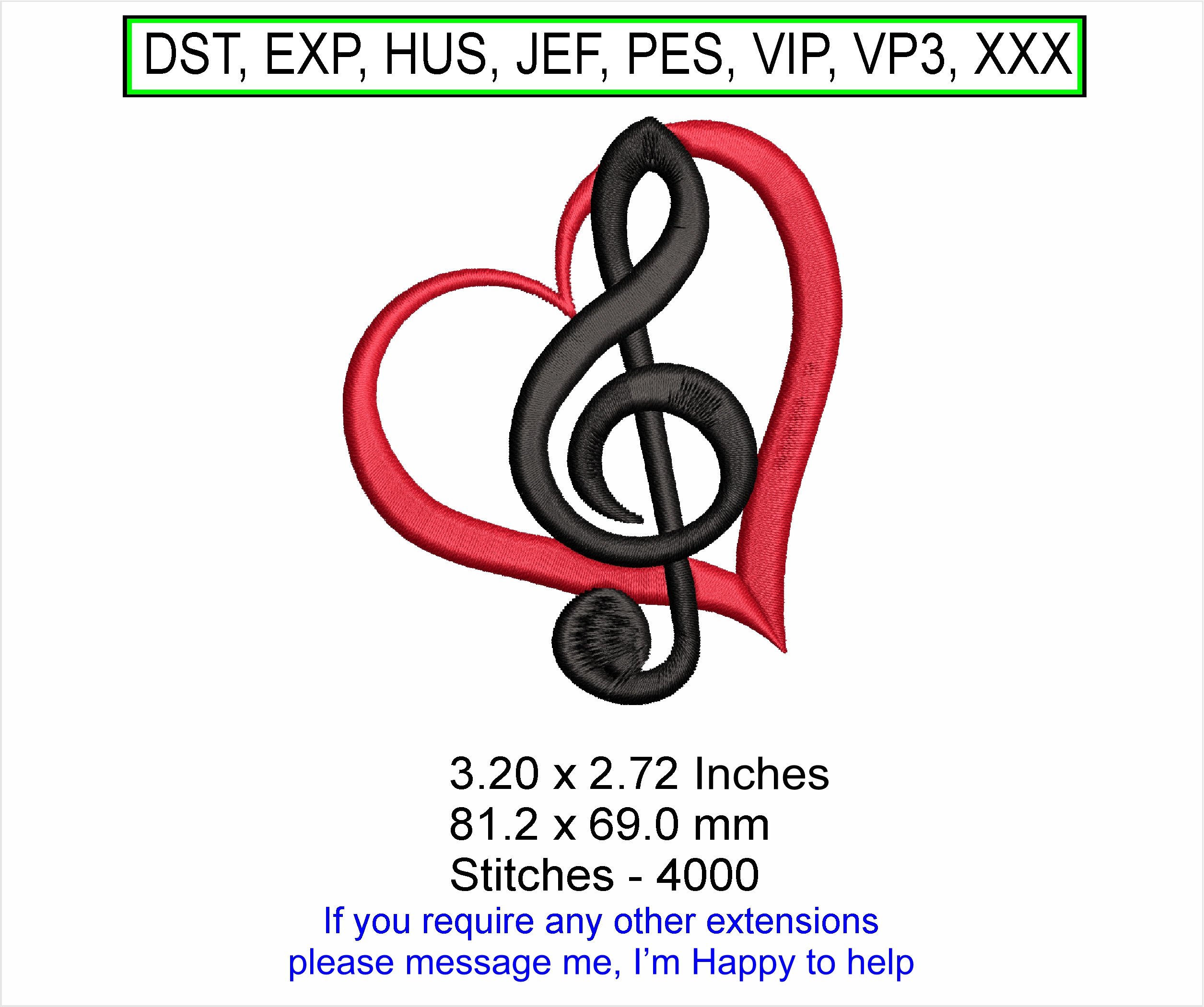 Treble Clef Heart - Small Machine Embroidery Hoop Design ITH