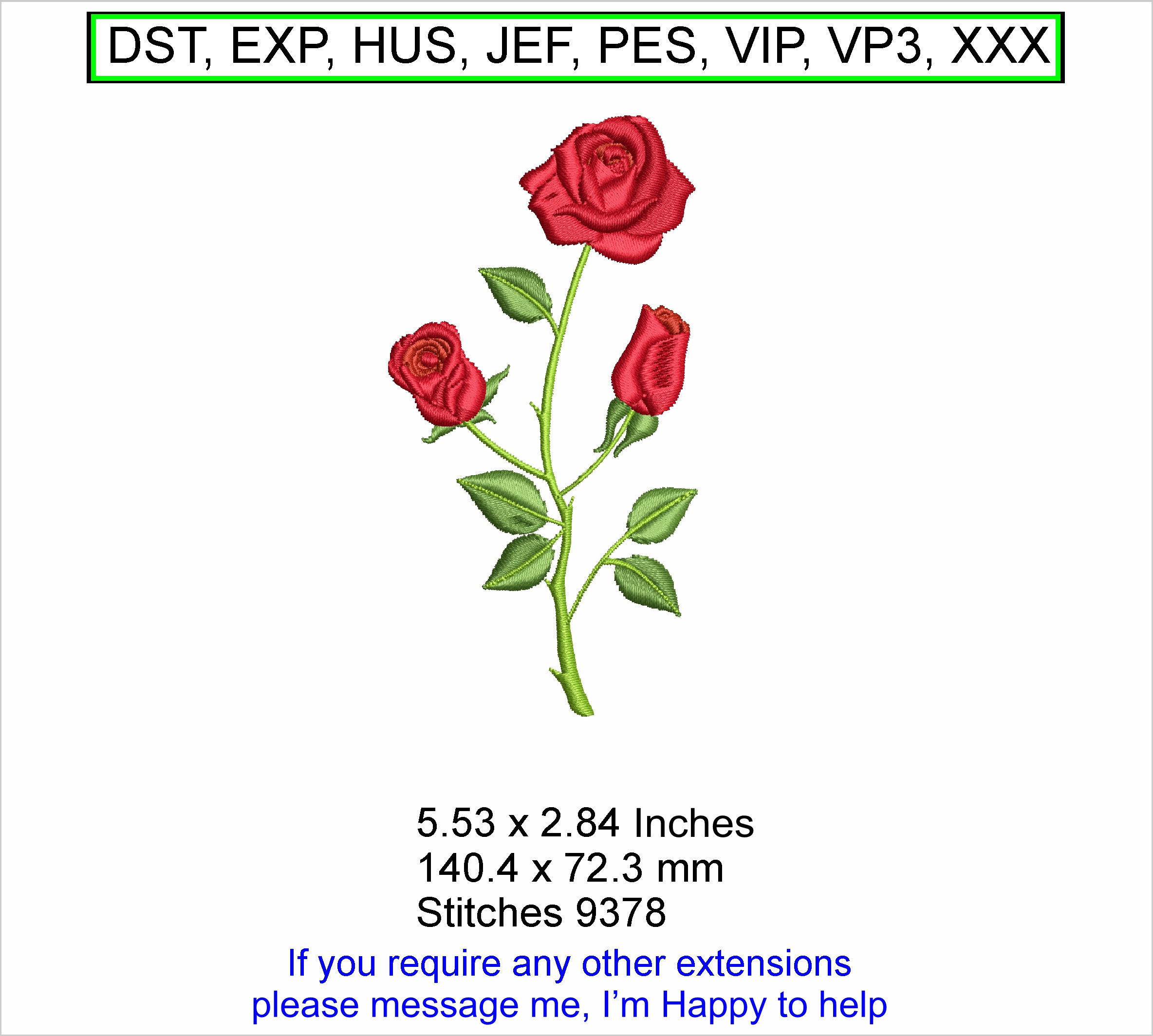 3 Roses - Size 5.53 x 2.84 inches - Machine Embroider Design