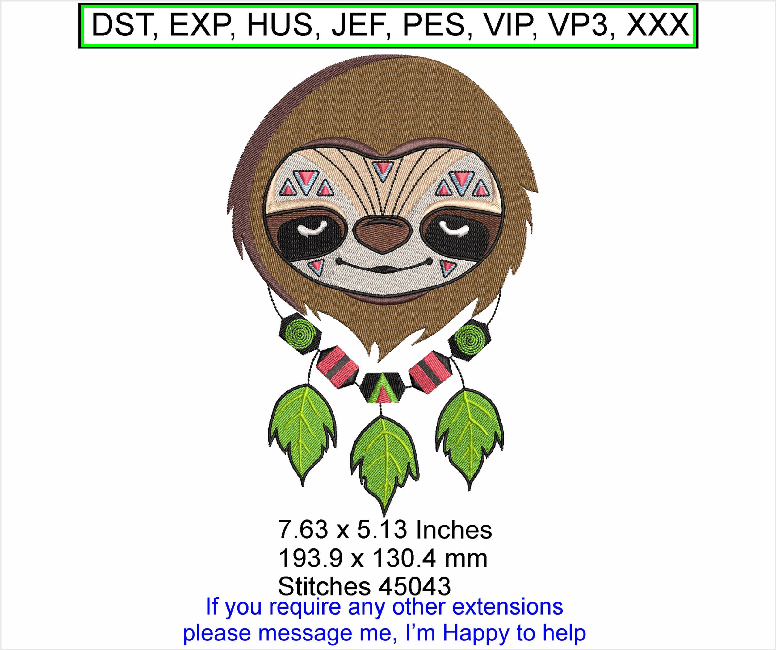 Trible Sloth Large - 7.63 x 5.13 Inches Machine Embroidery Hoop Design