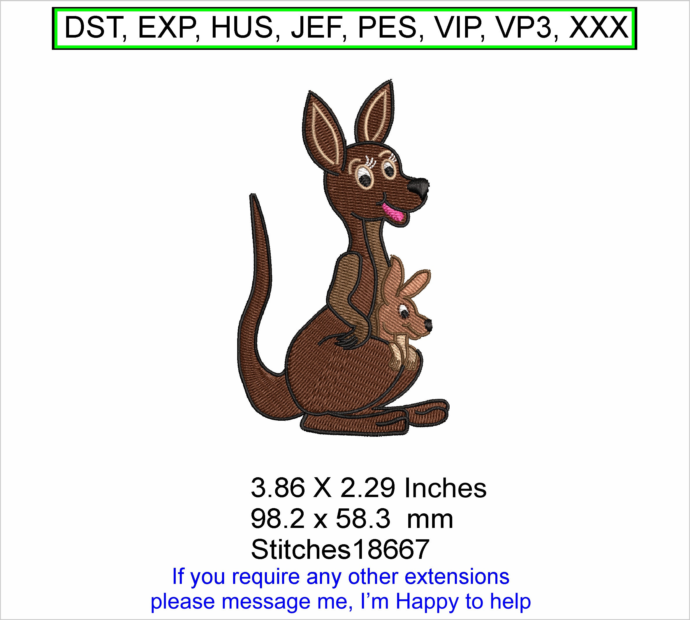 Khloe the Kangaroo and Baby Cartoon Machine Embroidery Hoop Design ITH