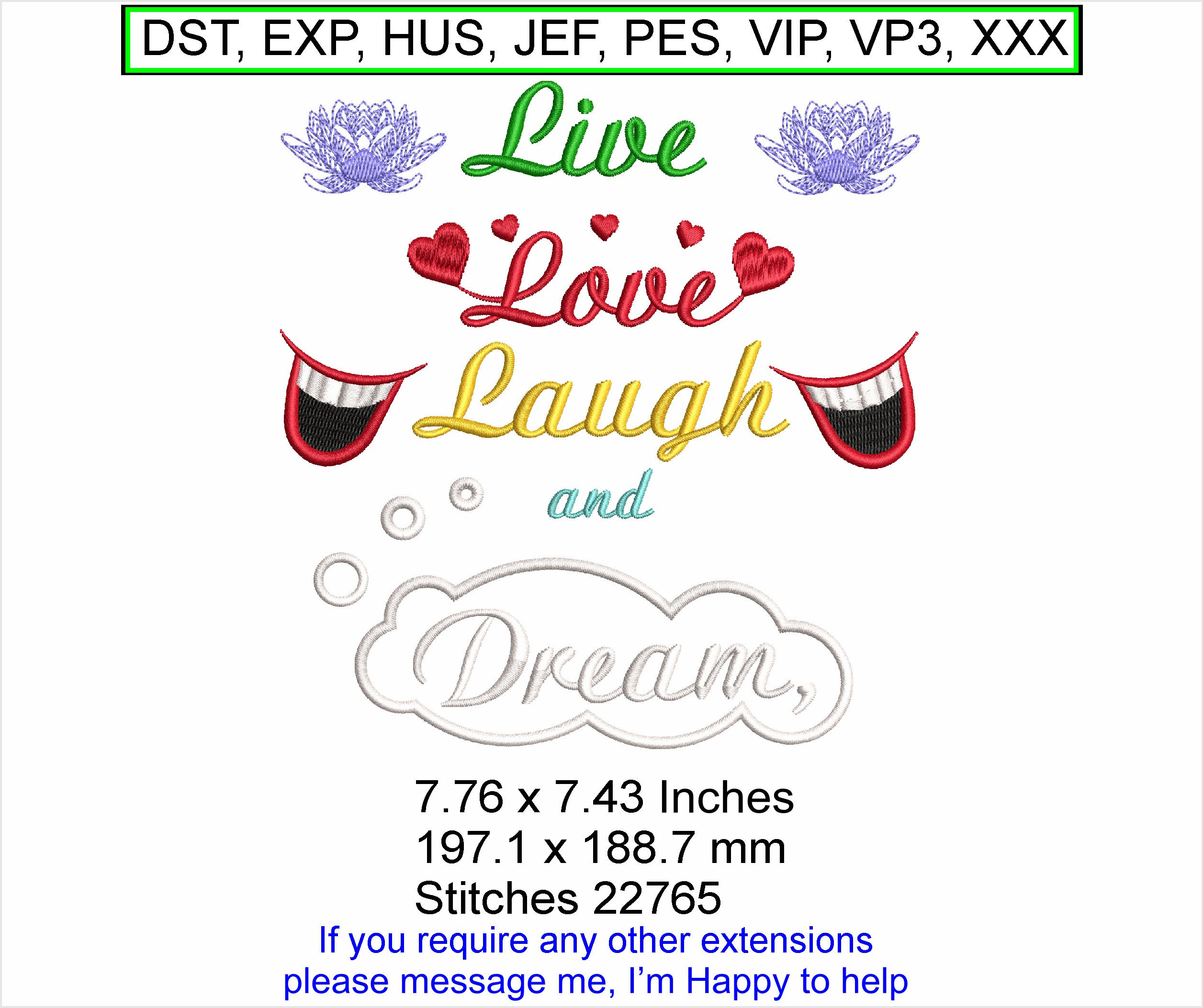 Live Love Laugh Dream - 7.76 x 7.43 Inches Machine Embroidery Hoop Des