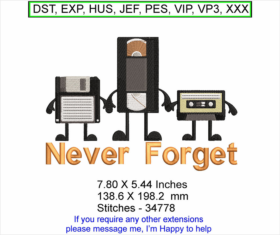 Thumbnail: Never Forget,VHS, Floppy &Tape-7.80 X 5.44 Inches-Machine Embroidery Hoop Design