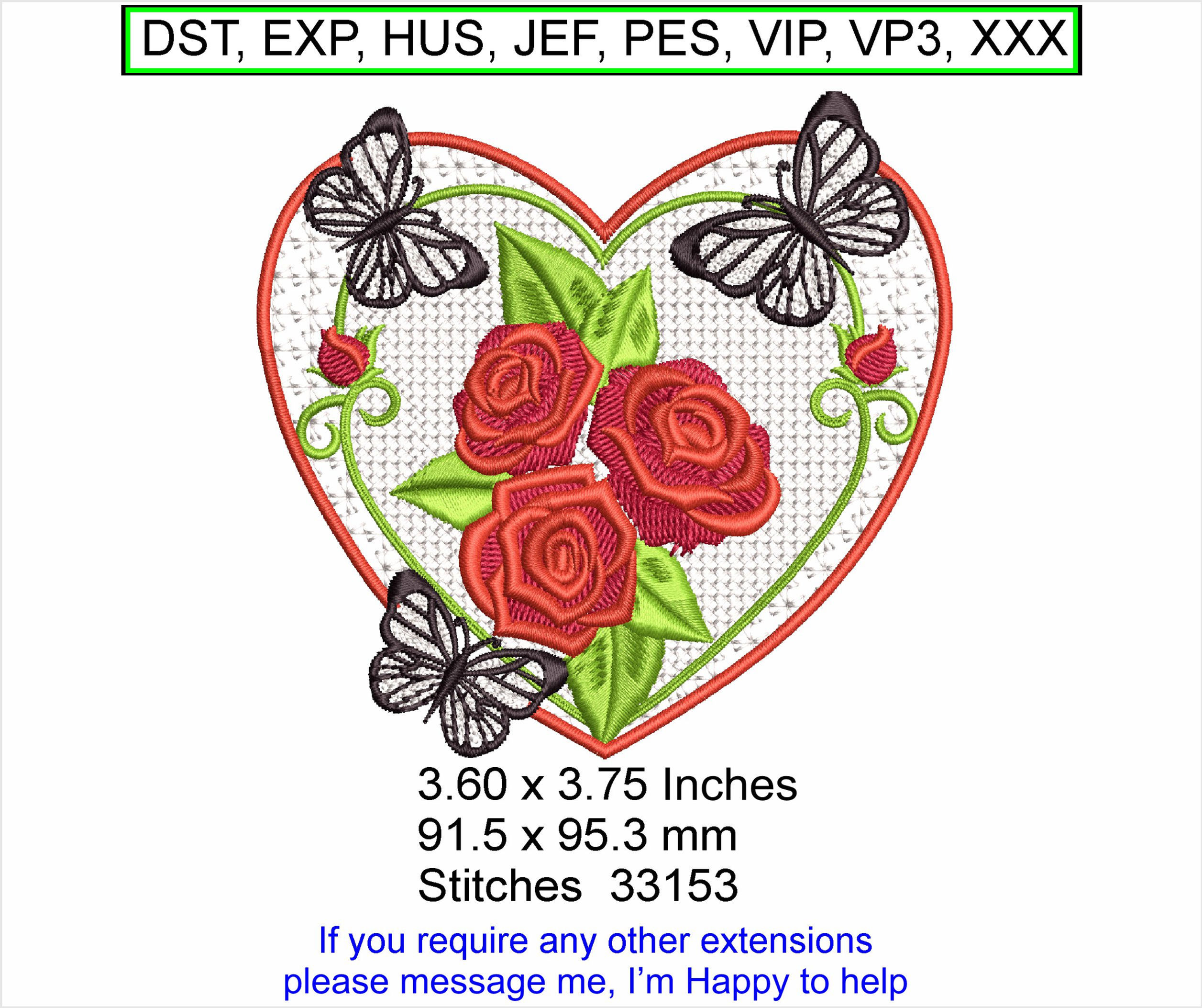 Rose Heart Butterflies - 3.60 x 3.75 Inches - Machine Embroidery Hoop Design