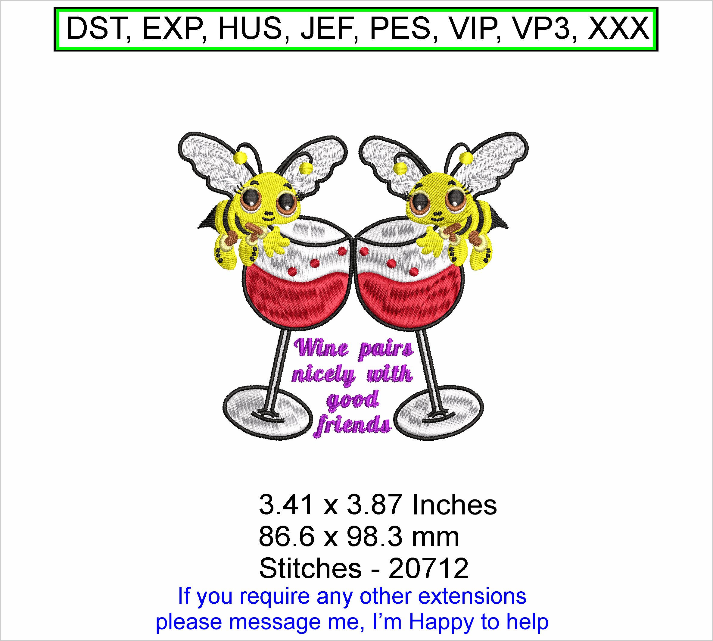 Wine pairs nicely - Bees Wine Glasses Machine Embroidery Hoop Design ITH