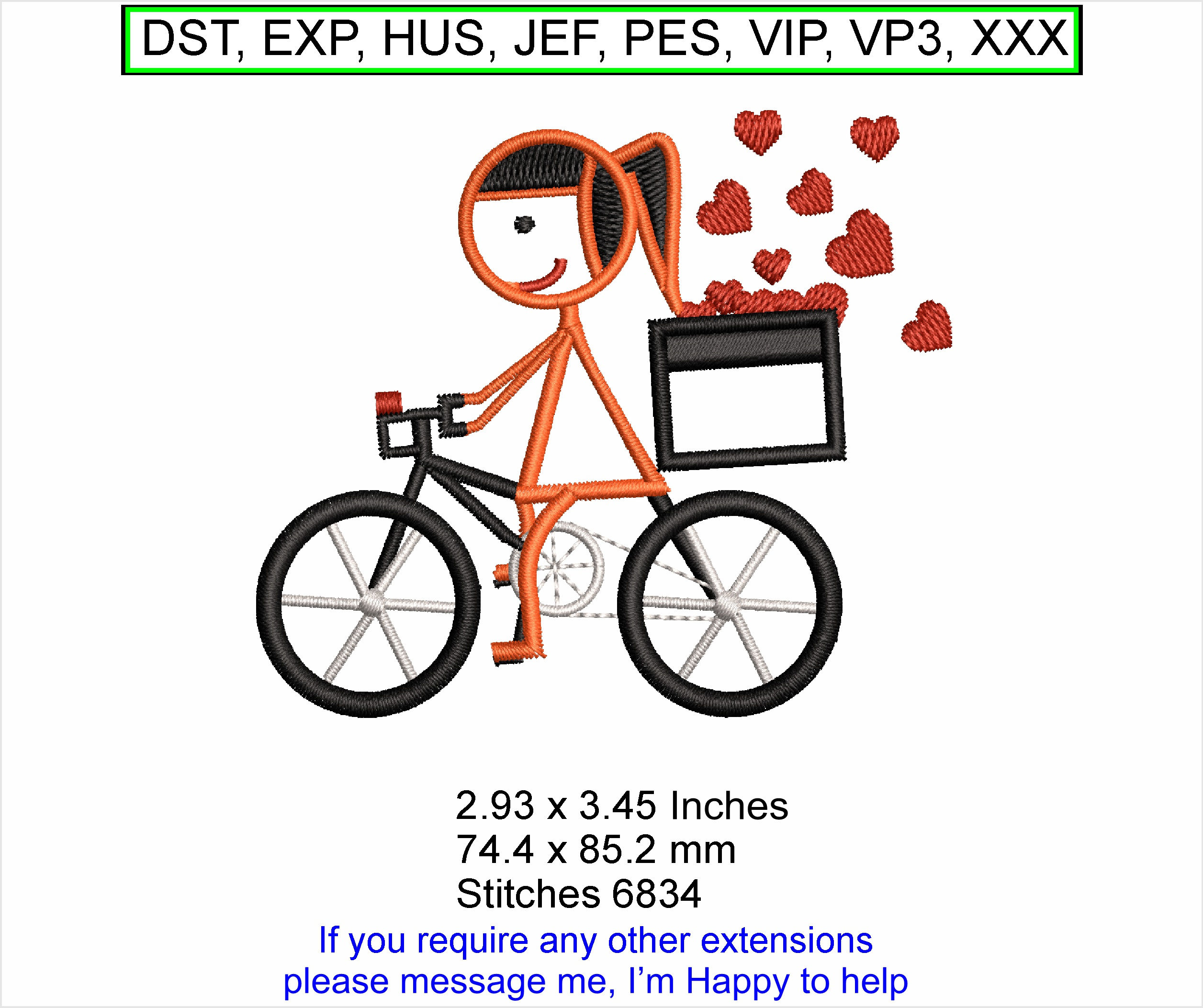 Girl on Bike with Hearts - Small - Machine Embrodery Hoop Design ITH Love