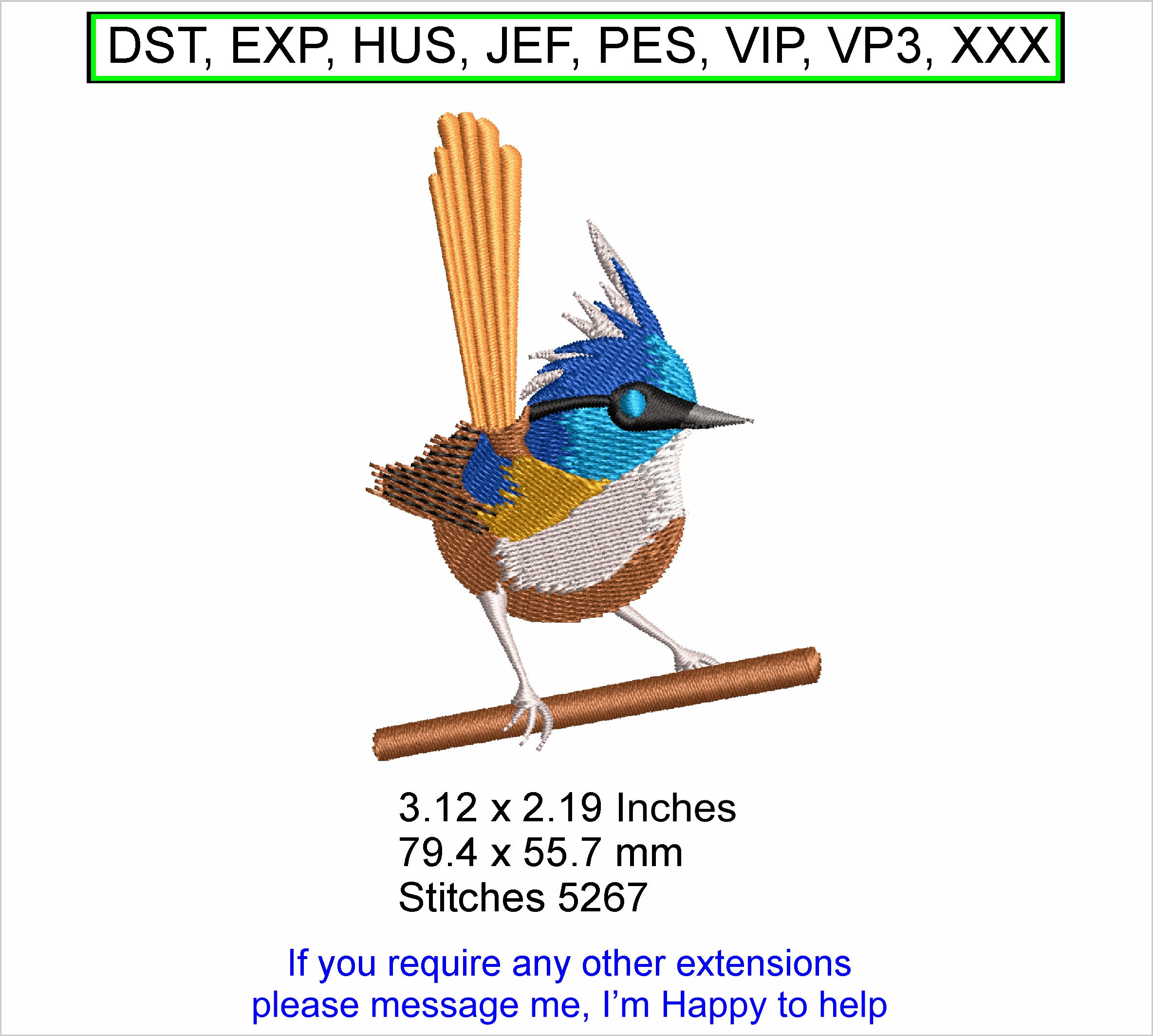 Fairy Wren Bird 2 - size 3.12 x 2.19 Inches- Machine Embroidery Hoop Design