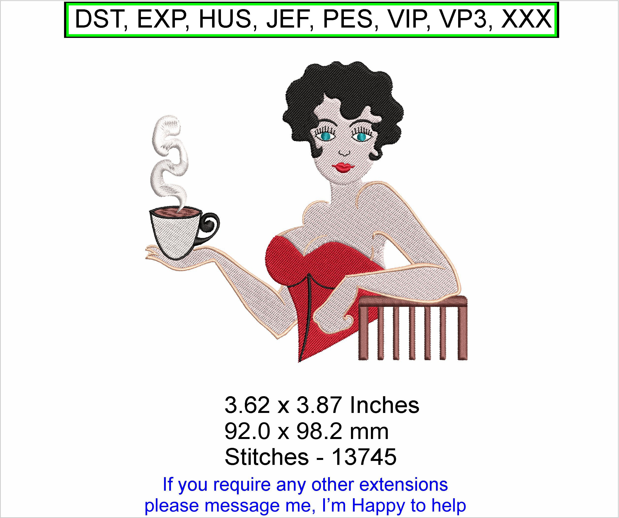 Heather the Tea Lady/Morning Cuppa Small Machine Embrodery Hoop Design ITH