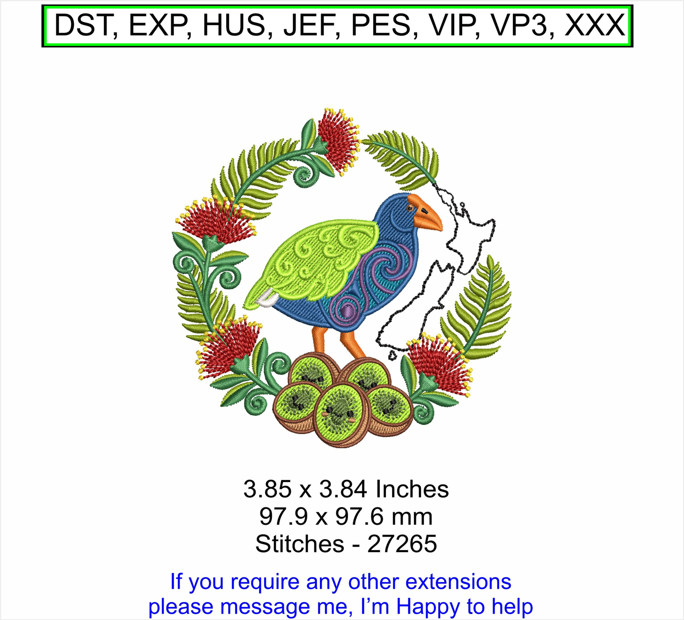 New Zealand Pukeko Embroidery Design Kiwi Fruit Fern Pohutukawa Flowers Small