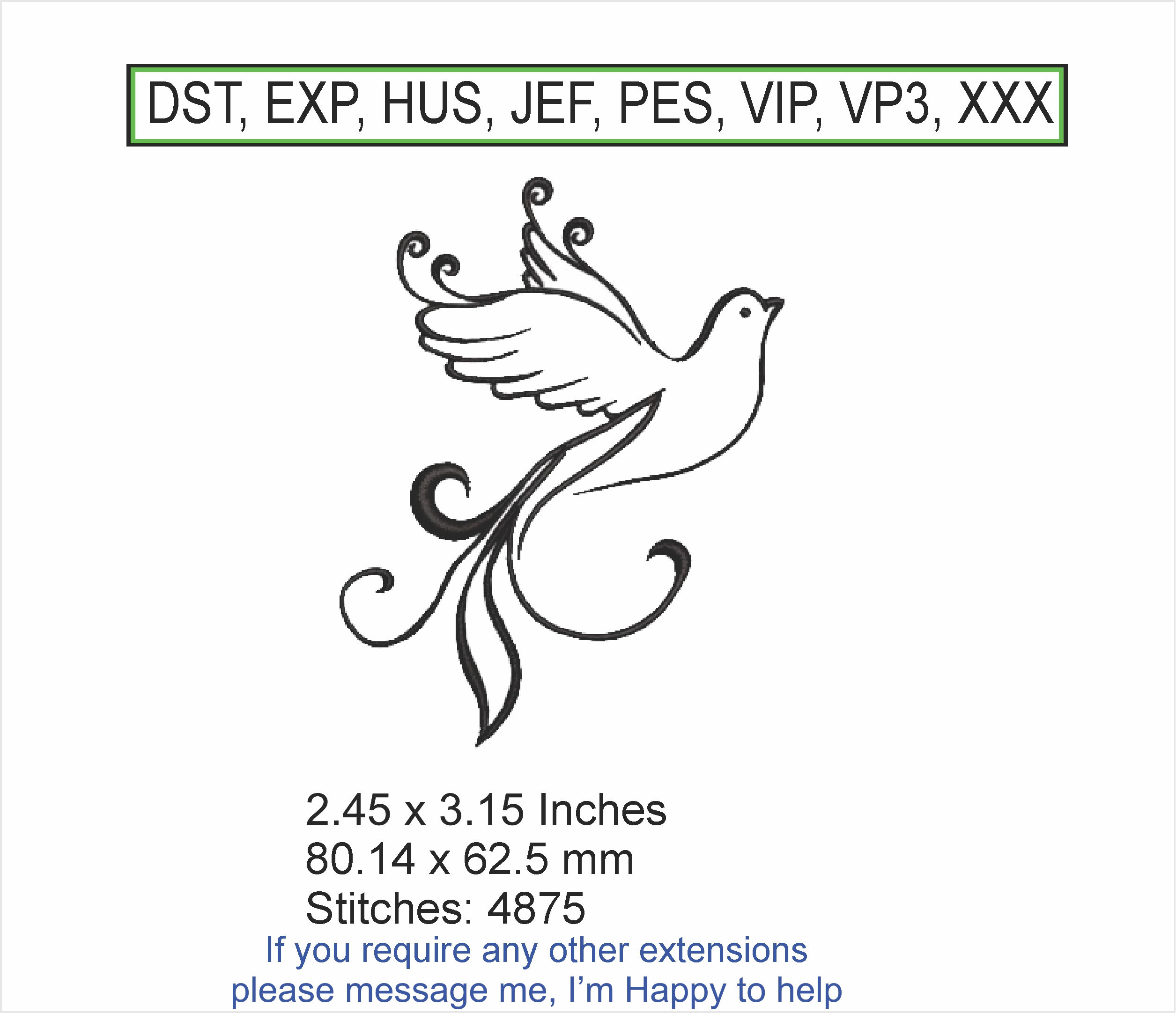 Dakota the Dove - Bird Flying Machine Embroidery Hoop Design -Instant Download