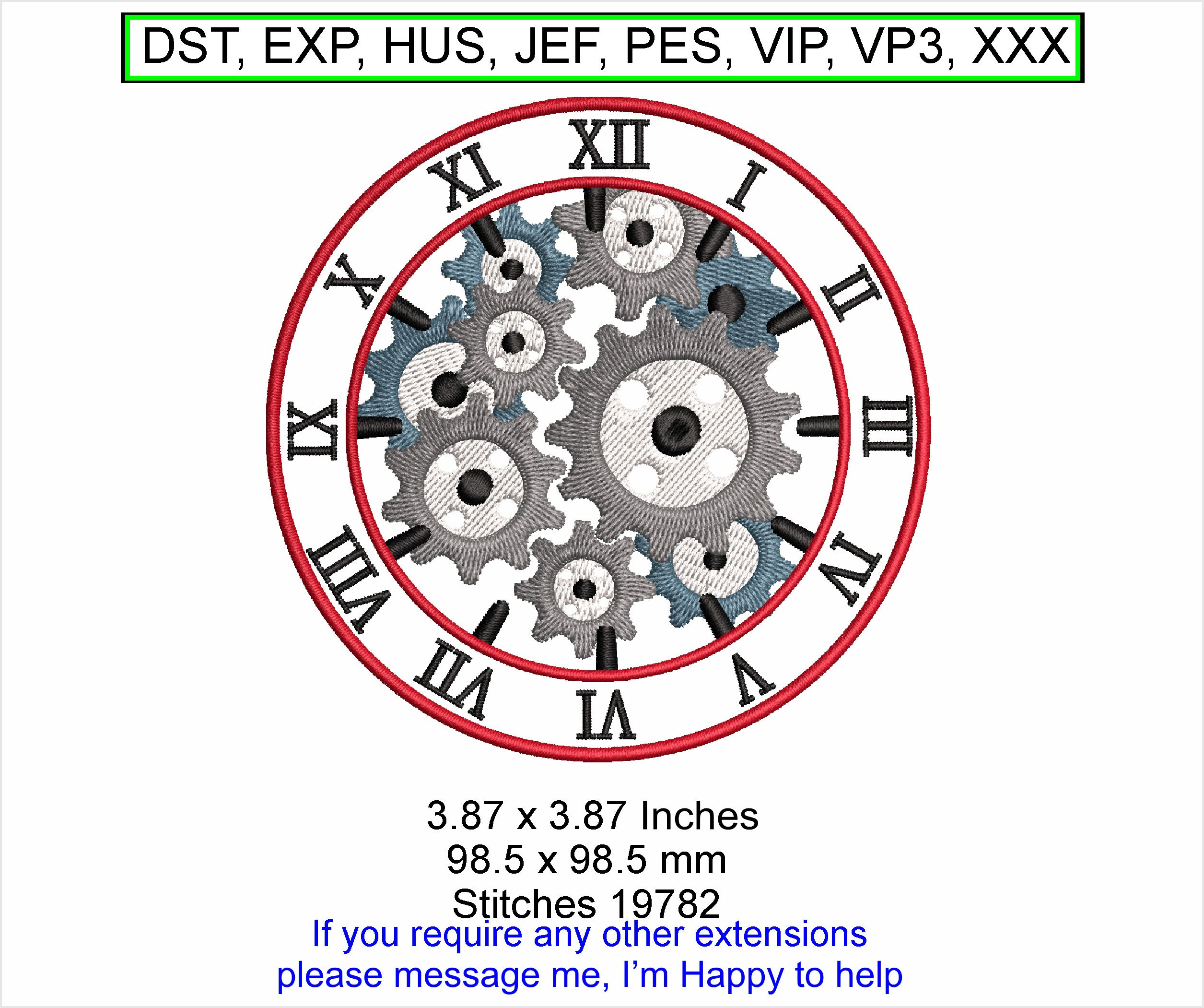 Clock Face Workings 4x4 Machine Embroidery Hoop Design ITH