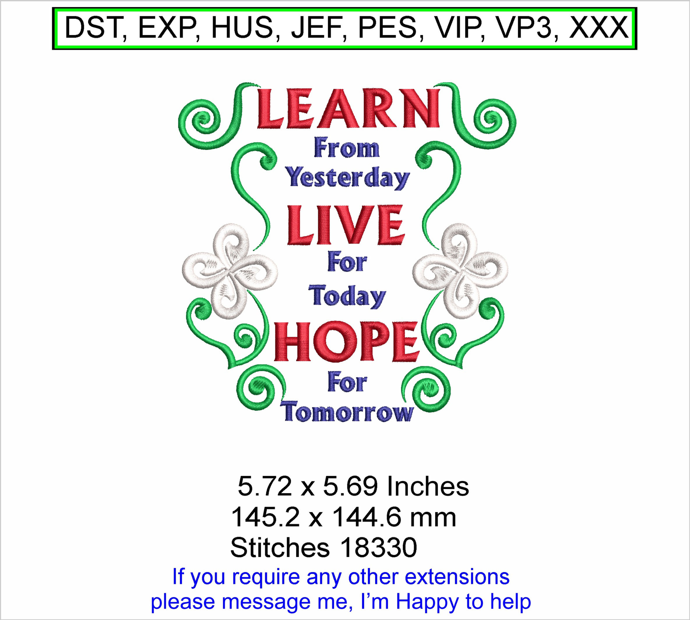 Learn, Live, Hope - 5.72 x 5.69 Inches Machine Embroidery Hoop Design