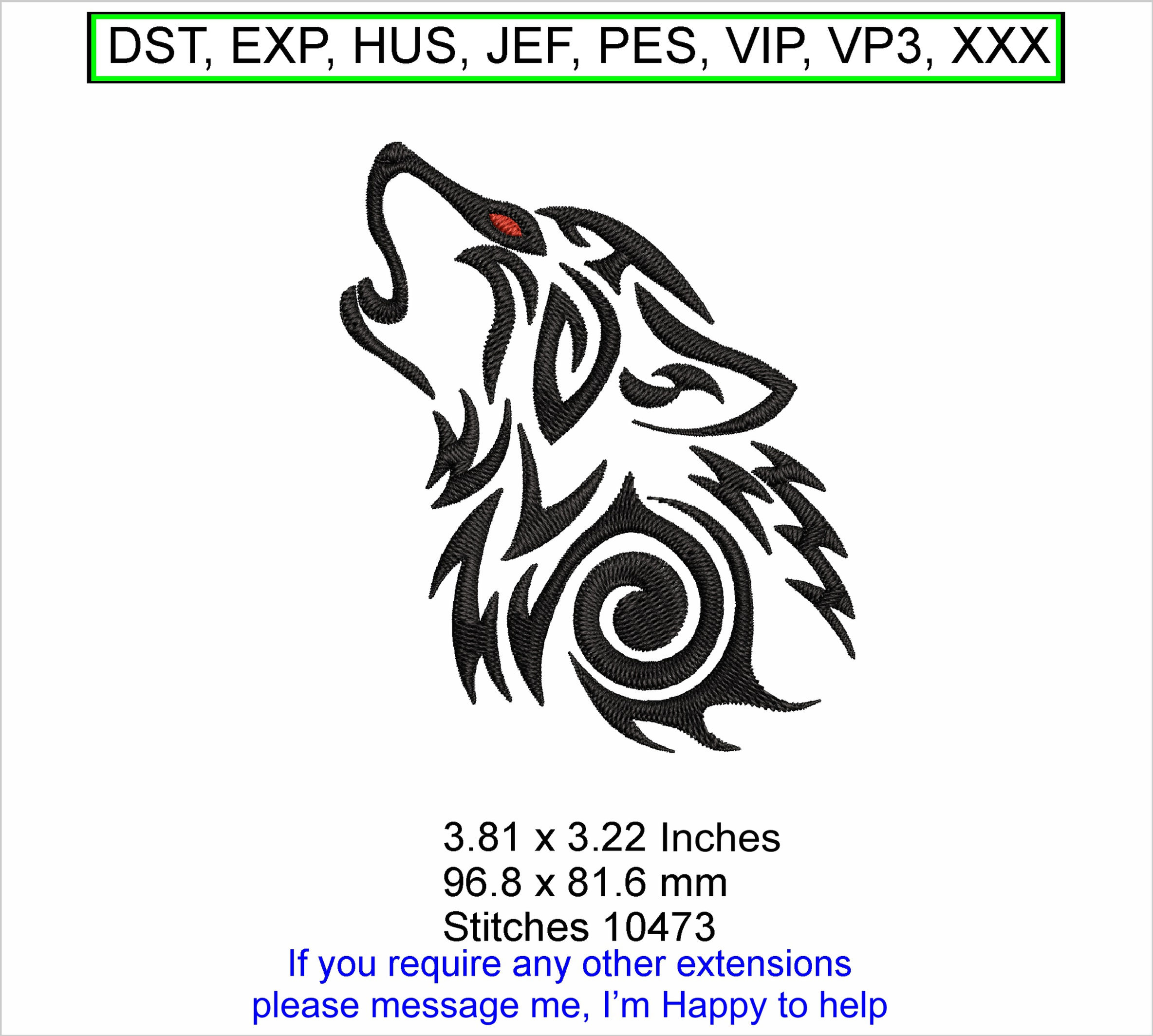 Howling Wolf Face Retro Koru 1 Small Fantasy Embroidery Machine Hoop Design ITH