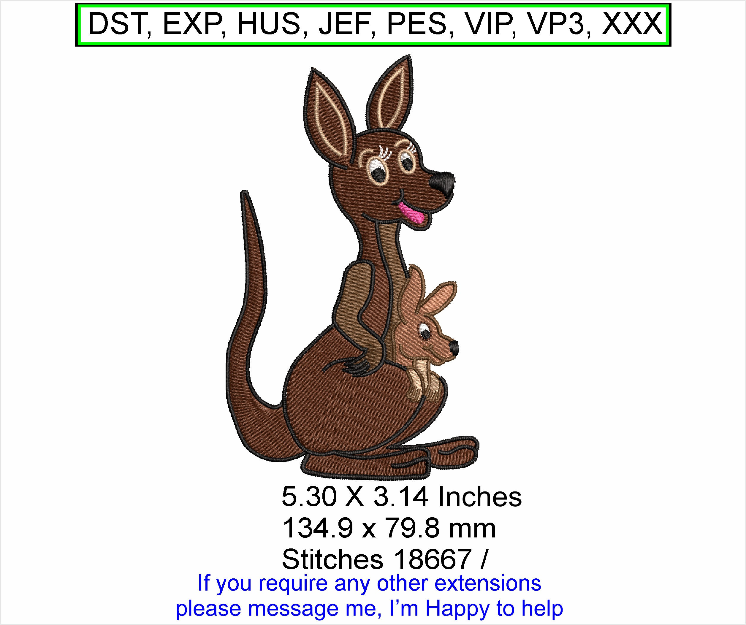 Khloe the Kangaroo and Baby Cartoon Machine Embroidery Hoop Design ITH