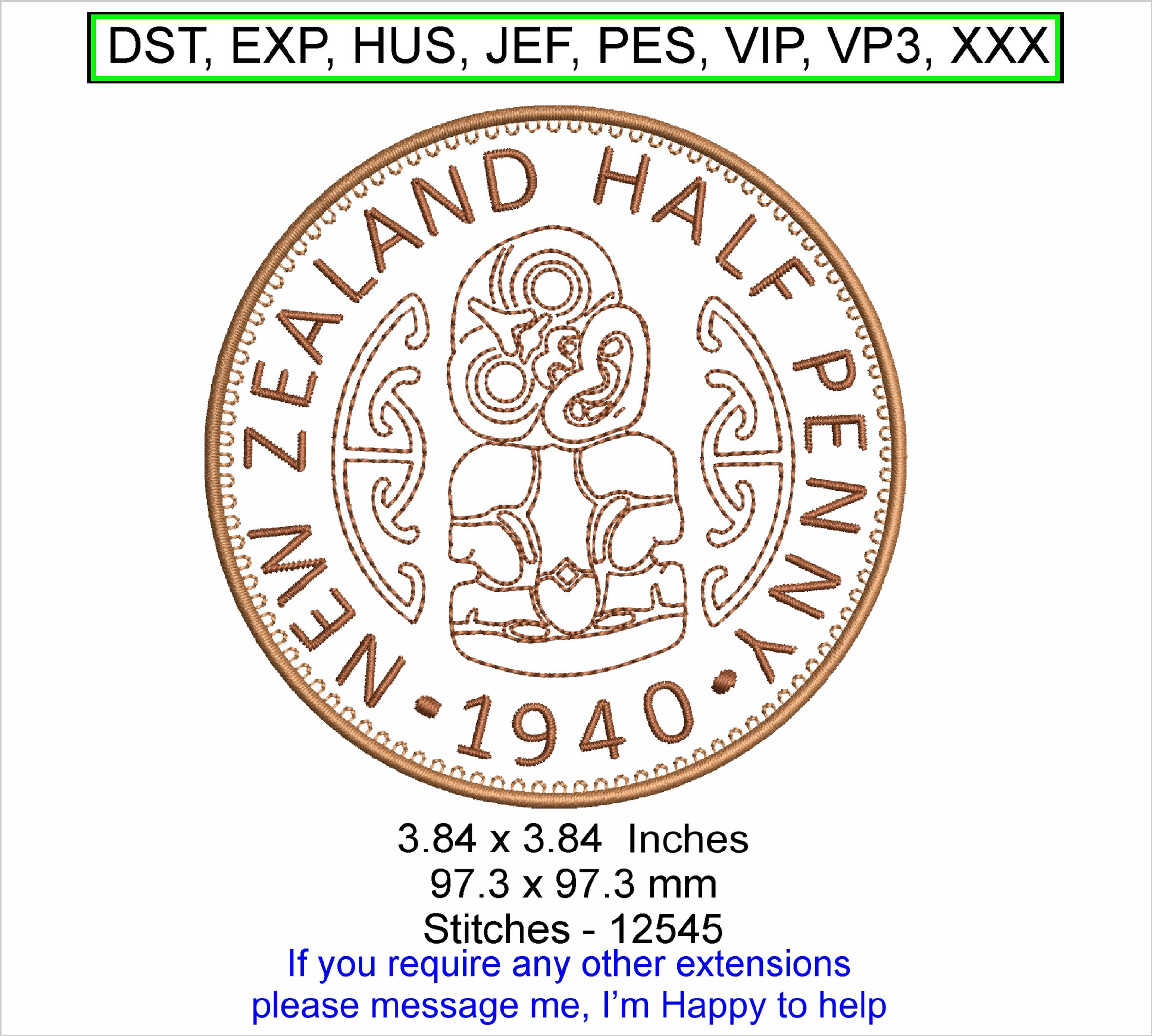 New Zealand 1/2 penny Coin Outline 4x4 Machine Embroidery Hoop Design ITH