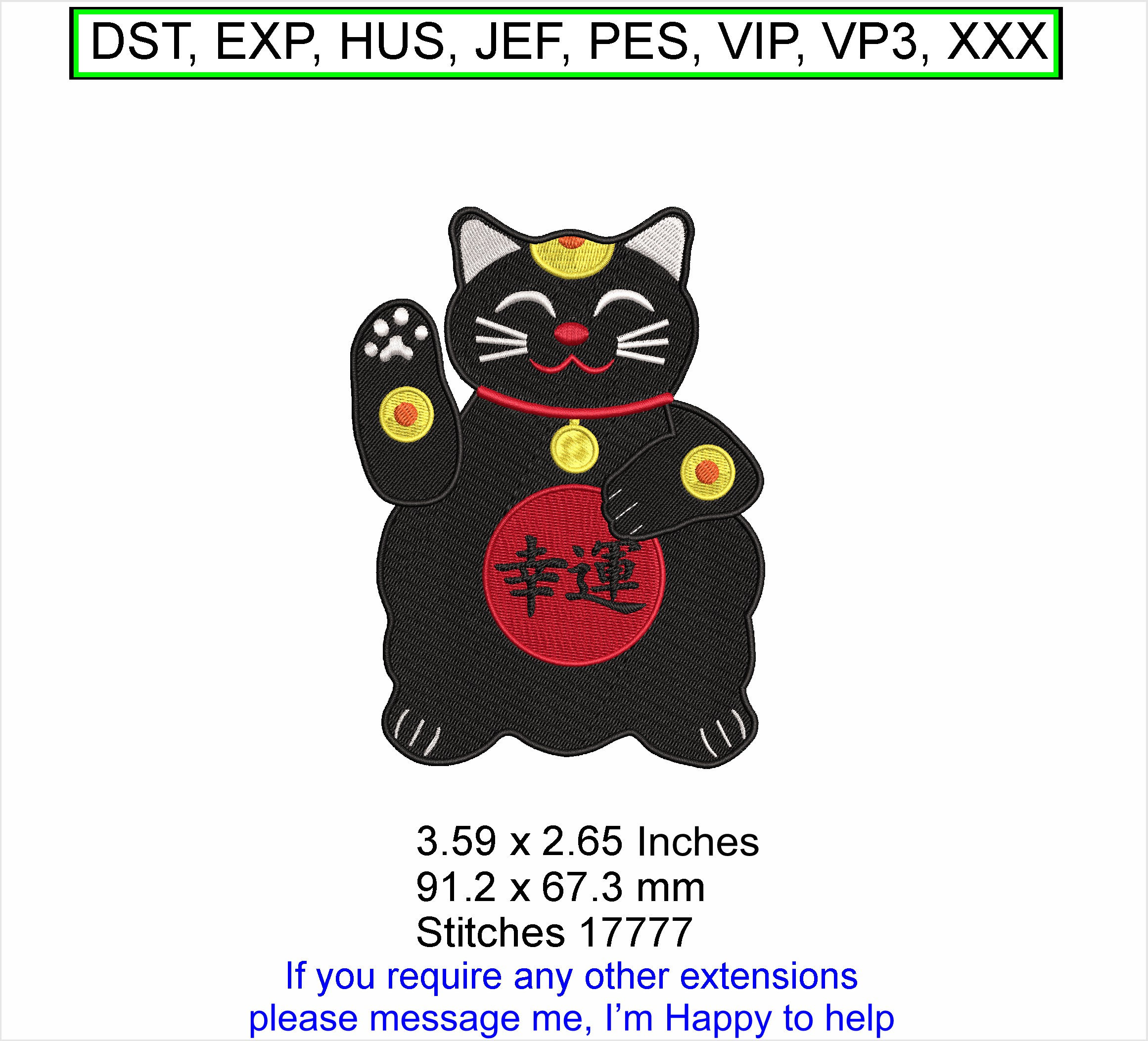 Maneki Neko Lucky Black Cat Small Machine Embroidery Hoop design ITH