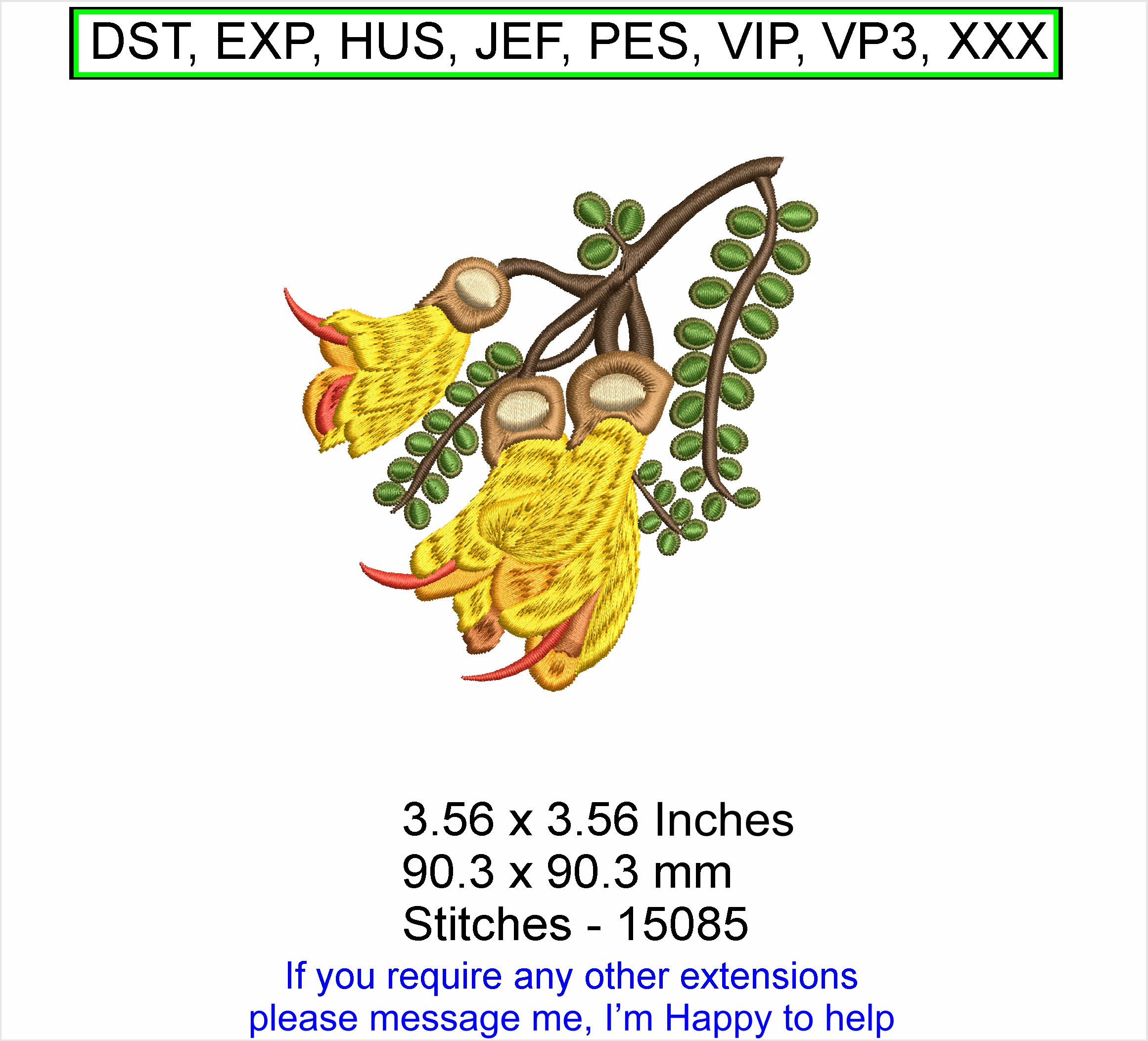 Kowhai Flower New Zealand 3.56 x 3.56 Inches-Machine Embroidery Hoop Design