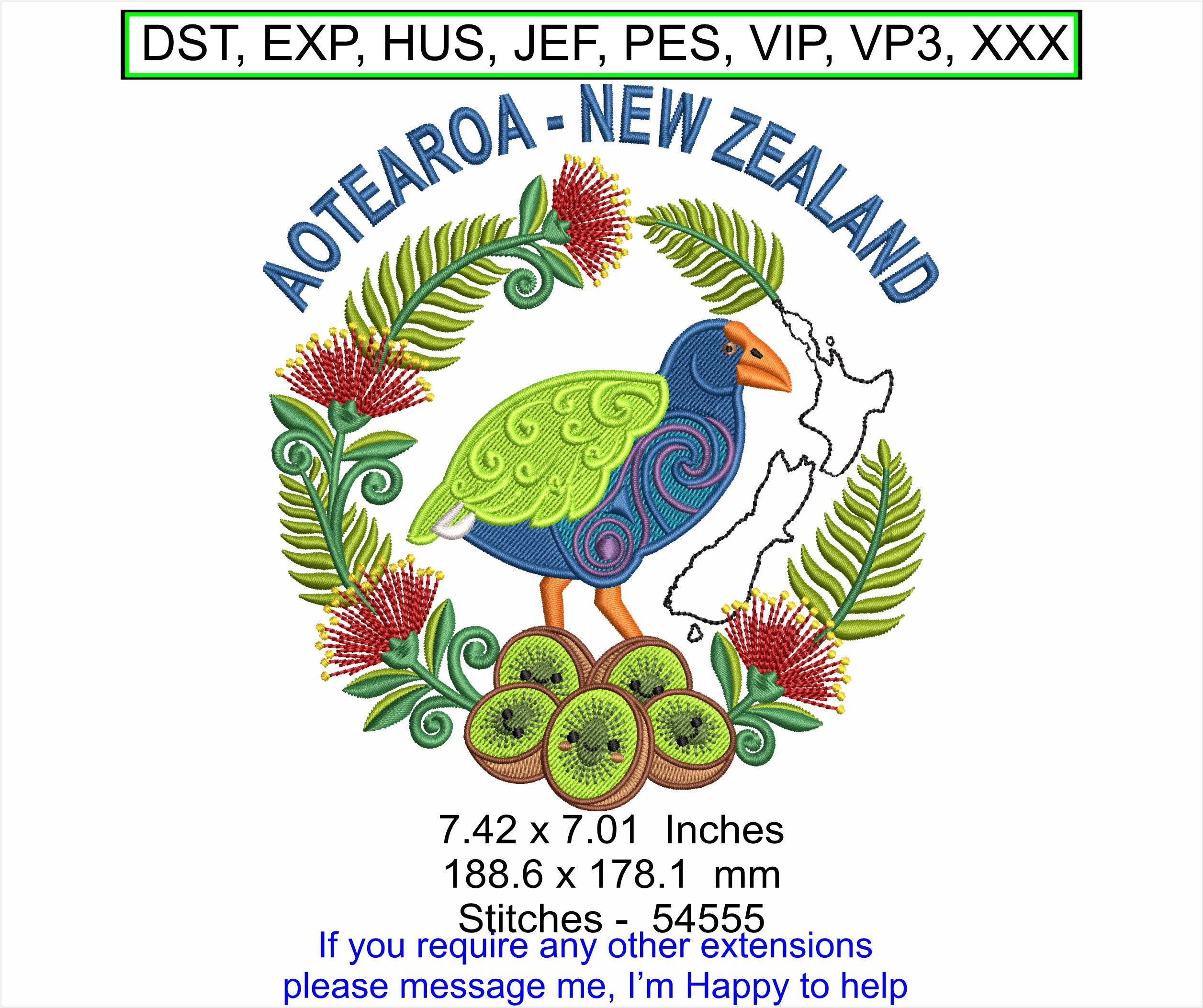 New Zealand Pukeko Embroidery Design Kiwi Fruit Fern Pohutukawa Flowers Large