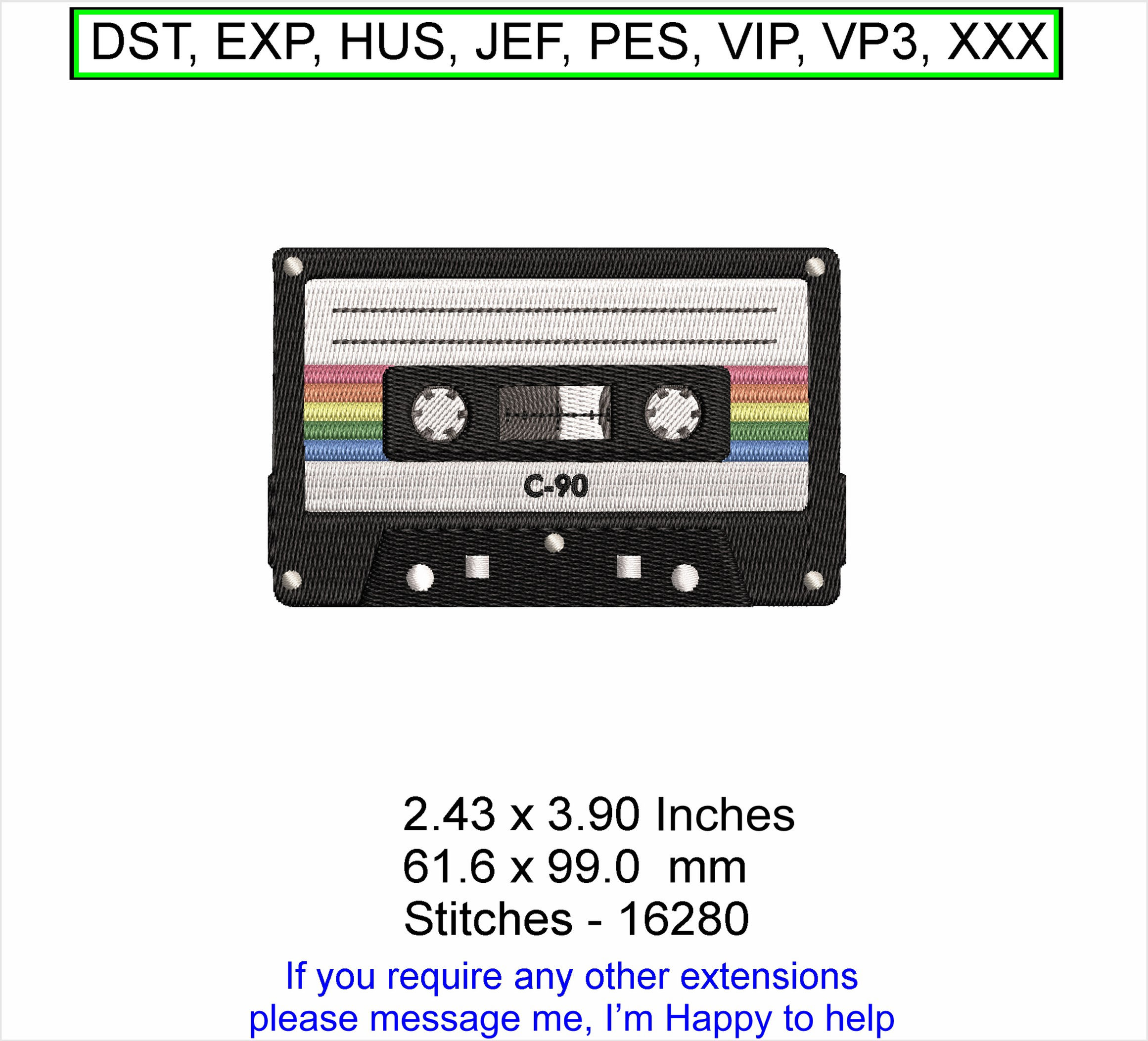 Cassette Tape 80S – C90 - 2.43 x 3.90 Inches - Machine Embroidery Hoop Design