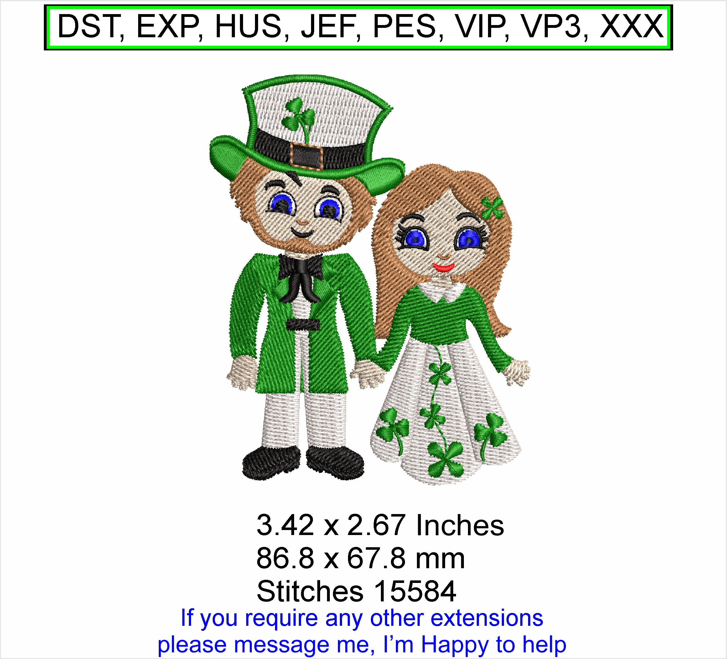 Tina & Thomas St Patrick Day -3.42 x 2.67 Inches-Machine Embroidery Hoop Design