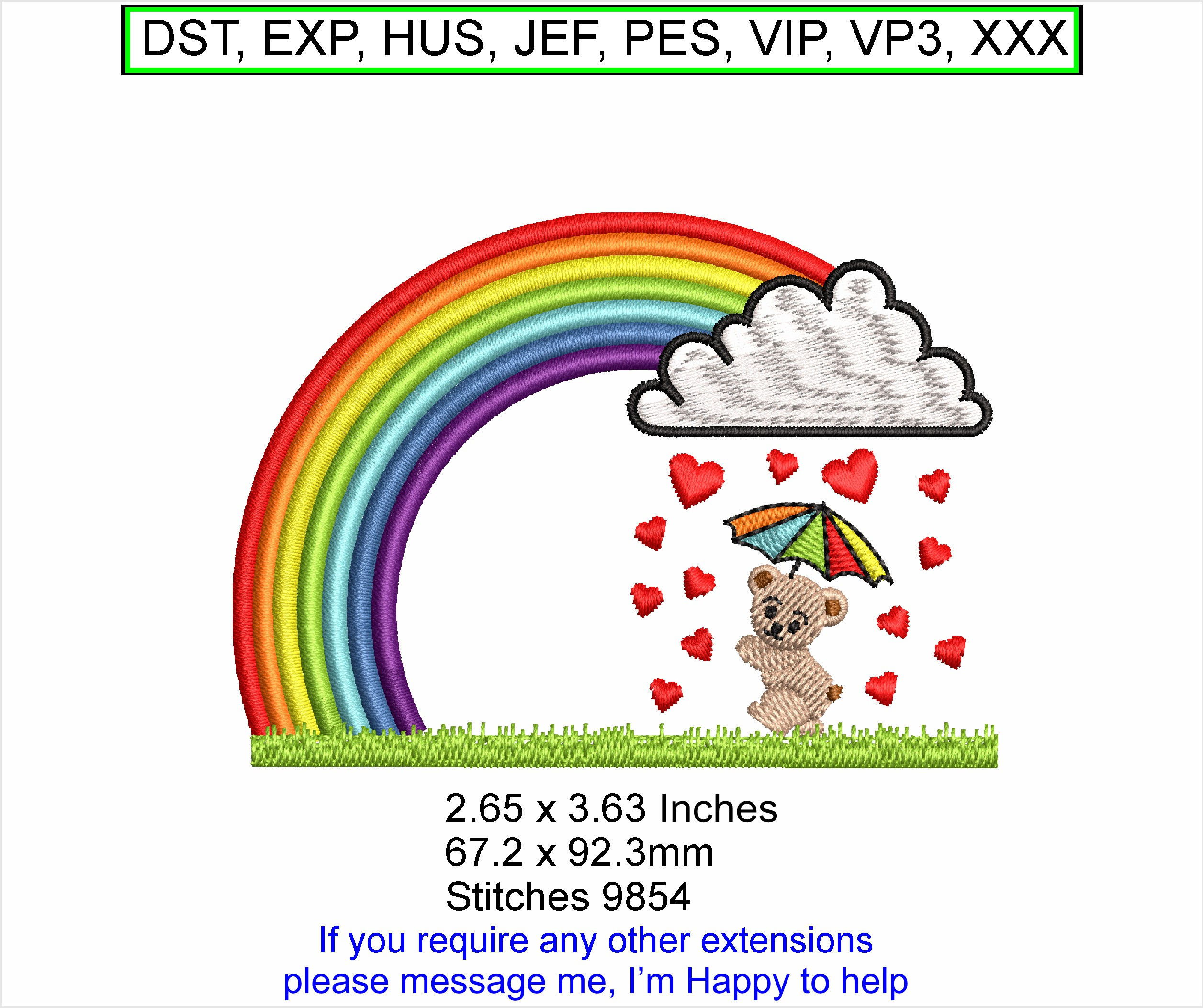 Teddy Rainbow, Unbrella Cartoon - Machine Embroidery Hoop Design ITH