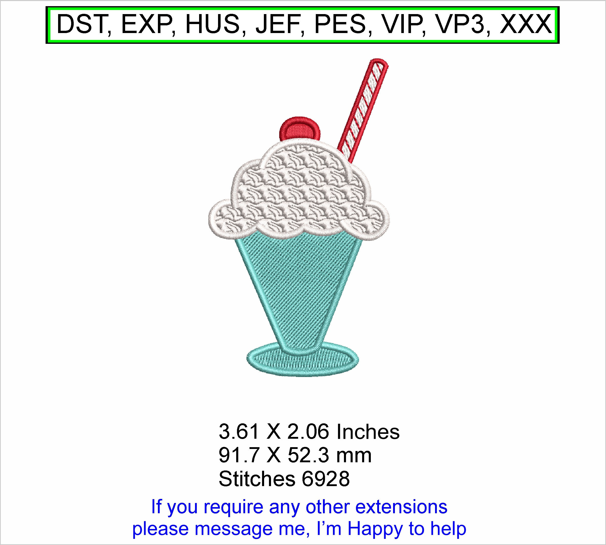 Icecream Sunday - sizes 3.61 x  2.06 Inches - Machine Embroidery Hoop Design