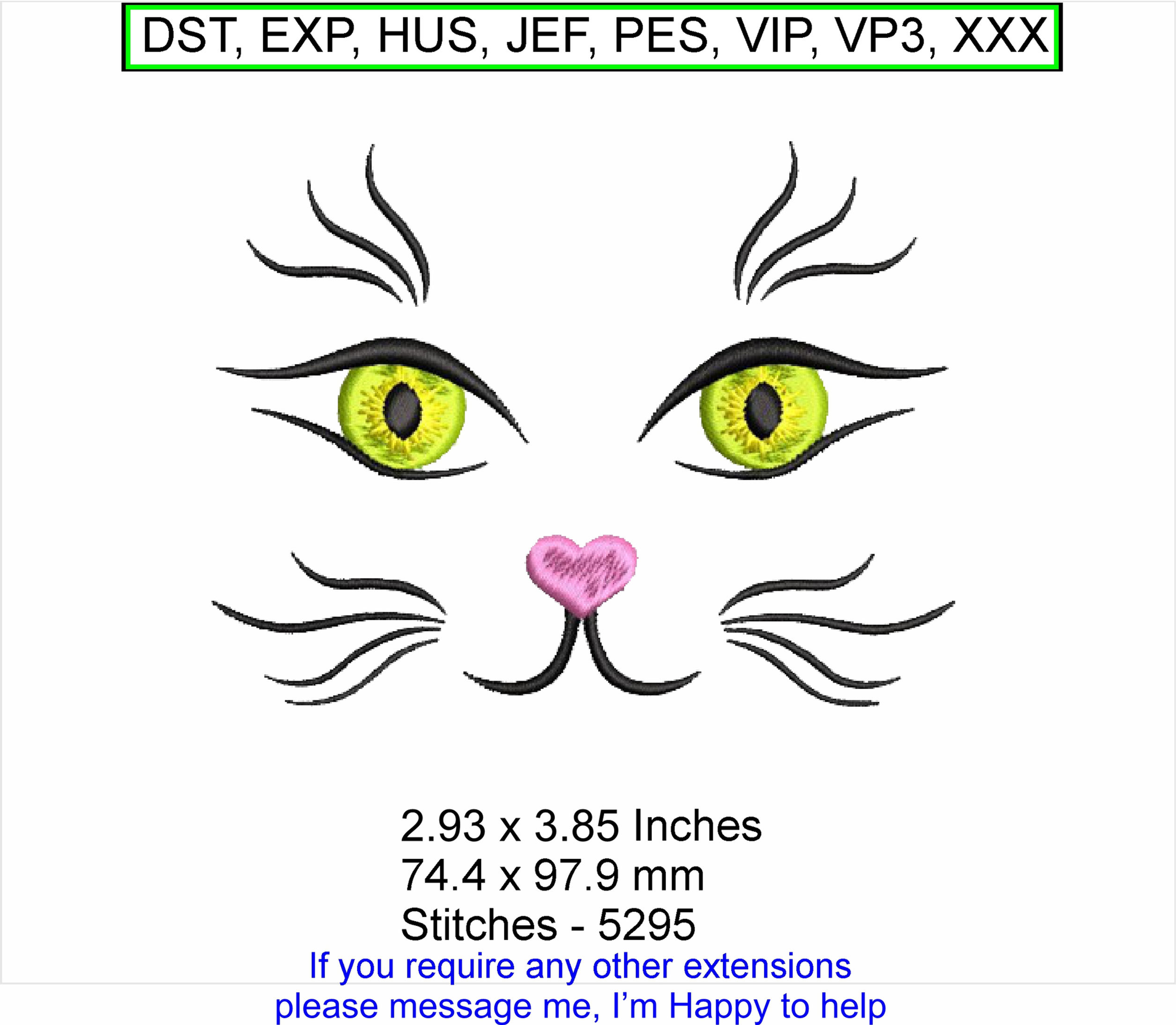 Kelly the Cat Face Small Machine Embroidery Hoop Design ITH - Instant Download