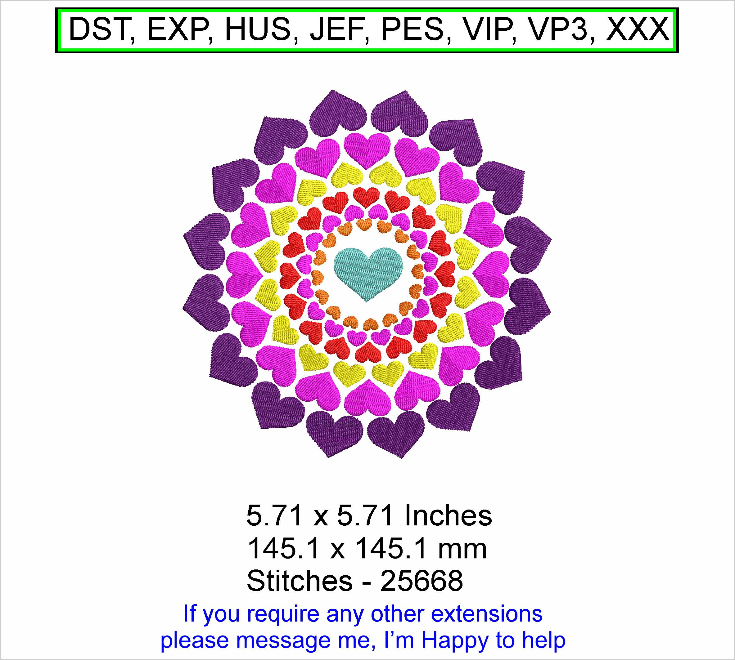 Mandala Hearts - 5.71 x 5.71 Inches - Machine Embroidery Hoop Design