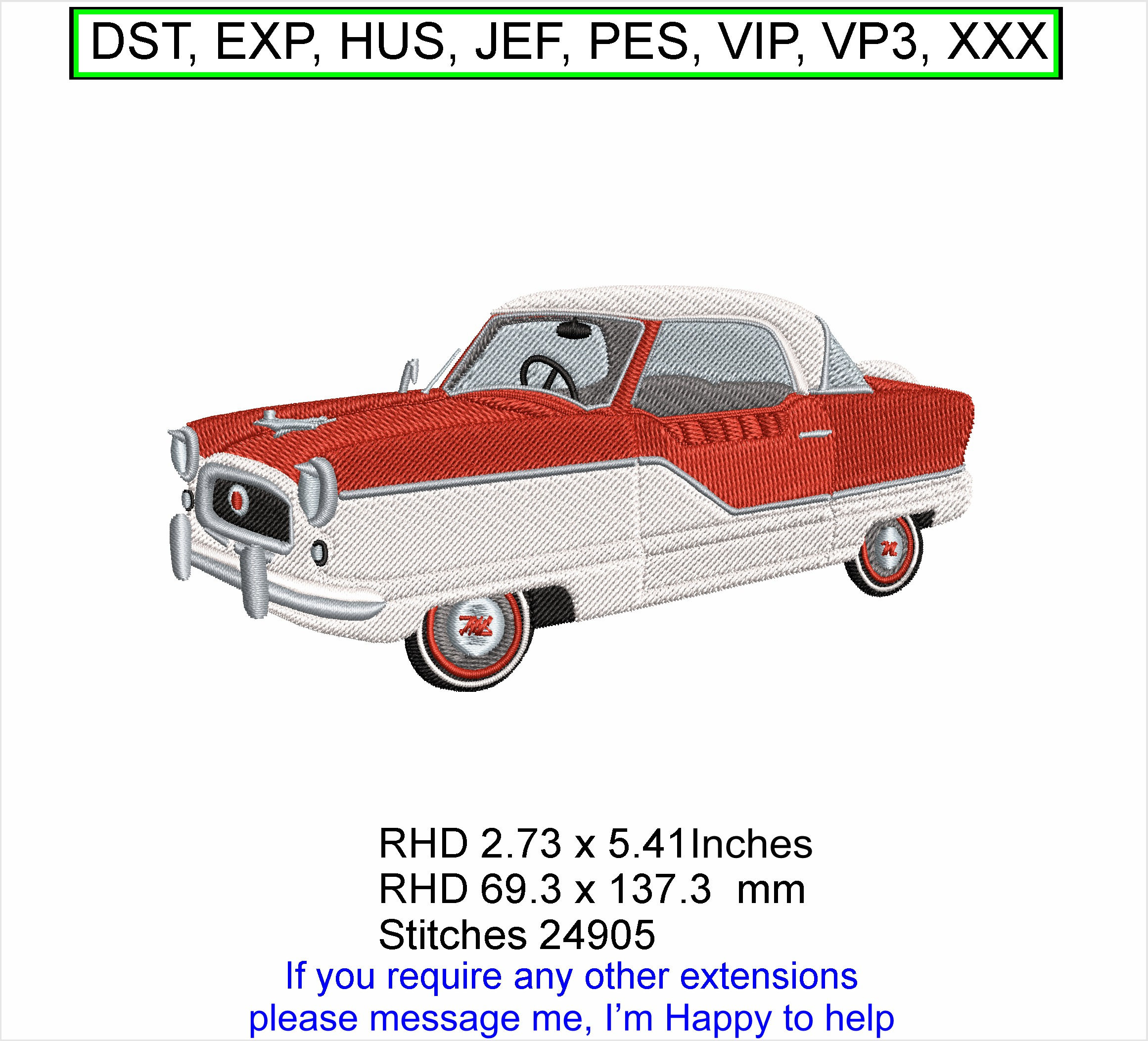 Nash Metropolitan RHD - Machine Embroidery hoop Design ITH